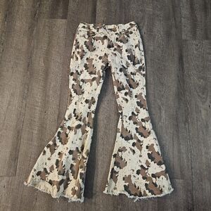 Hensheng Cow Print Bell Bottom Pants Raw Hem Flared Sz S Denim White & Brown/Blk